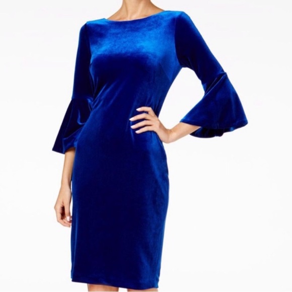 Calvin Klein Velvet Bell Sleeve Sheath Dress - Picture 2 of 13